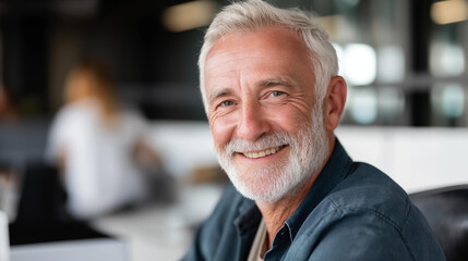 Faceless modern diverse senior software developer smiling in lively office environment, mature tech professional, older programmer, experienced developer, defocused face, with copy