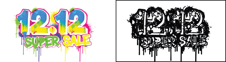 Fototapeta premium Colorful and Black '12.12 Super Sale' Graffiti Spray Paint Drip Vector Graphic, Isolated