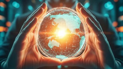 A person holds a glowing globe in their hands, representing connection, future, network, worldwide reach, data, globalization, and technological advancement