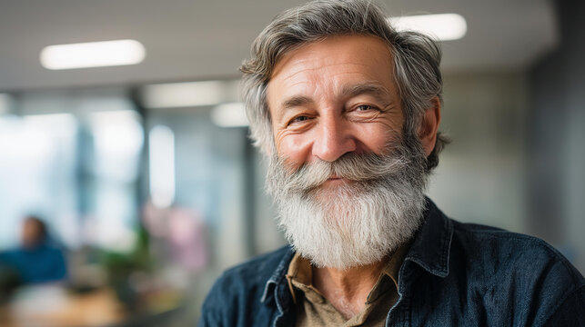 Faceless modern diverse senior software developer smiling in lively office environment, mature tech professional, older programmer, experienced developer, defocused face, with copy - Powered by Adobe
