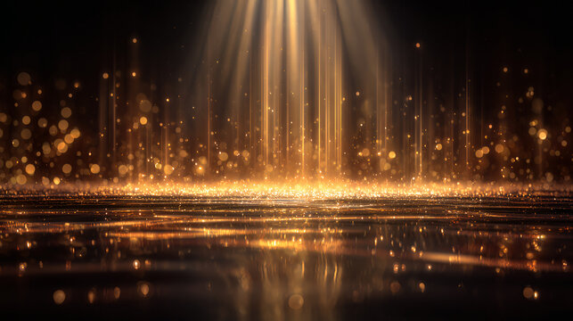 wide golden luxury awards background with spotlight rays and shimmering bokeh dust on reflective stage floor