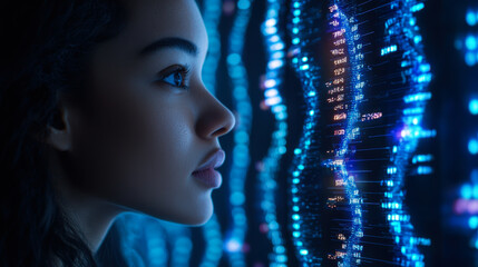 Young woman examines digital DNA strands in a futuristic lab setting