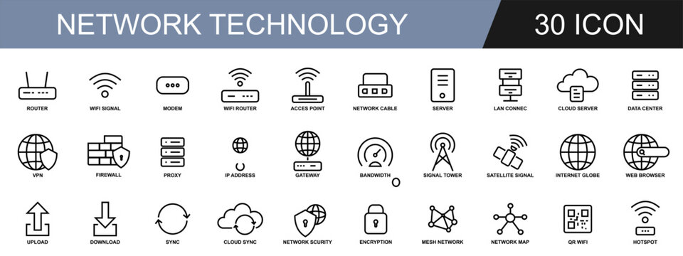 30 network technology icon outline pack