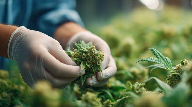 Faceless cannabis cultivation and processing closeup shot of gloved hands carefully handling cannabis buds in clean controlled environment, agricultural pharmaceutical work, defocu
