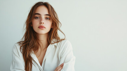 Fototapeta premium Young woman with long hair poses confidently against a minimalist background in natural light, showcasing her relaxed style in a contemporary setting
