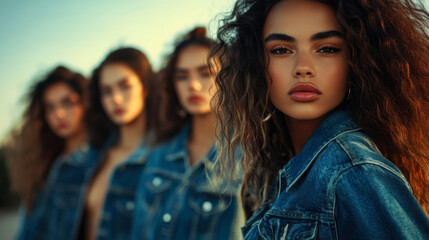 Obraz premium Group of young women with curly hair wearing denim jackets pose confidently during golden hour