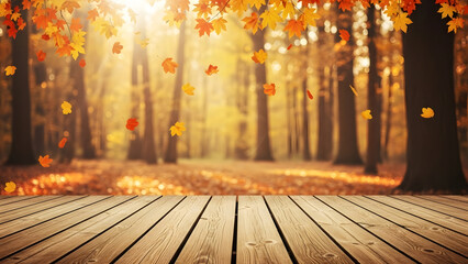 Autumn forest scene with wooden deck and falling leaves