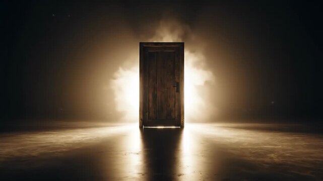 Mysterious glowing door in dark room, sci fi portal and opportunity concept