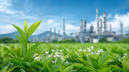 Green industry eco power factory good environment ozone air low carbon footprint, wide banner, sustainable manufacturing, environmentally responsible production, clean industrial o