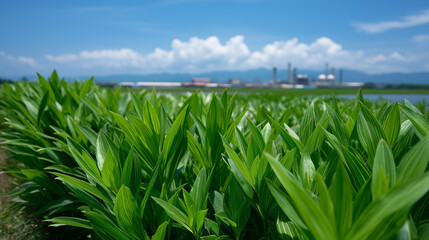 Fototapeta premium Greenery and industry visualization, lush plants thriving near distant industrial complex under clear blue sky, nature-manufacturing coexistence, environmental balance, with copy s