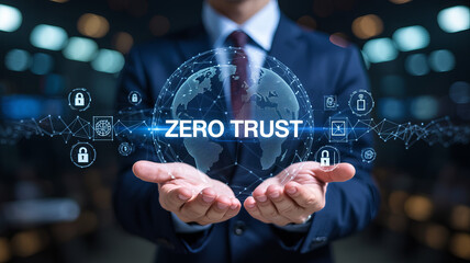 Businessman holding a holographic globe with zero trust security concept