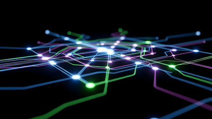 Vibrant network connections glowing on black background