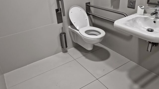 toilets for wheelchair users and disabled people have a tilting mirror that points to ground because the height of person sitting is lower. lever taps for easier water temperature adjustment, string