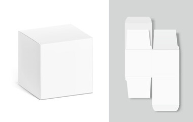 Realistic cardboard box mockup. Vector illustration isolated on white and grey background. Half side and folded view. Can be use for food, cosmetic, pharmacy, sport. Ready for your design. EPS10.