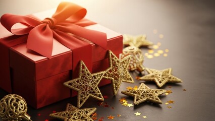 Festive red gift box with a ribbon and golden star ornaments. Christmas and New Year celebration concept for greeting card or holiday design.
