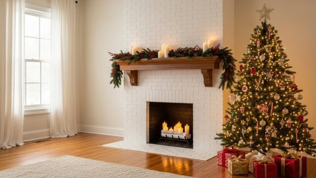 Festively decorated living room with fireplace and lighted Christmas tree. Cozy interior for winter holiday celebration. New Year home decoration concept.