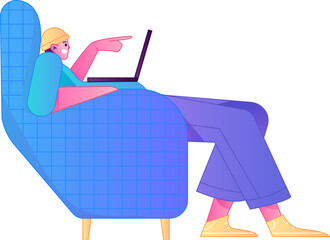 Vector flat gradient illustration of a person working on a computer while working remotely.

