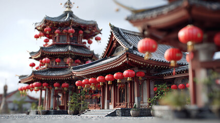 A traditional Asian pagoda decorated with vibrant red lanterns, exuding an atmosphere of cultural richness and tranquility.