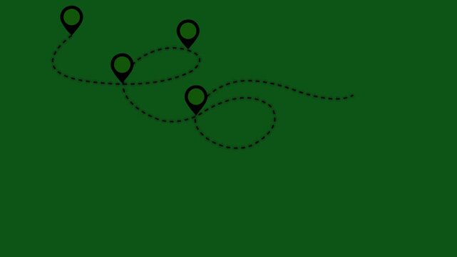 route path icon is a dotted line. A route with a starting point of departure and intermediate stops.Airplane fly on dash line path bottom left. Dashed Green background.