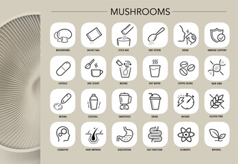Mushroom supplements icons set. The main advantages from a balanced food or supplement. Icon set is ideal for health projects, wellness and others. Editable stroke icons. EPS10.