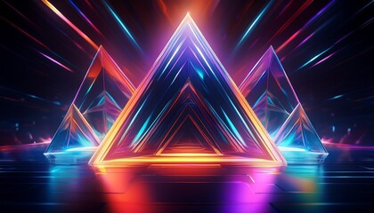 a mesmerizing abstract digital artwork featuring holographic triangles suspended in dark space reflecting vibrant multicolored light in motion