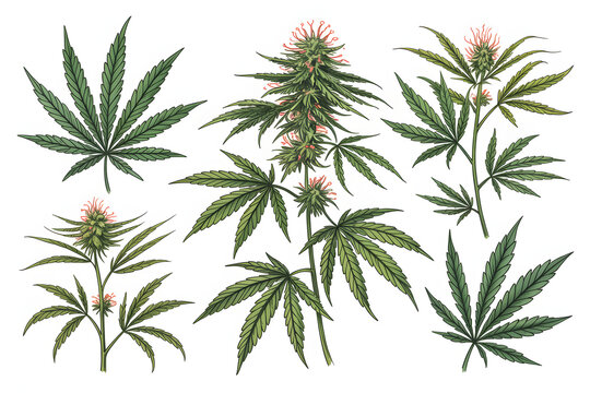 Cannabis sativa plant leaves and flowers botanical illustration
