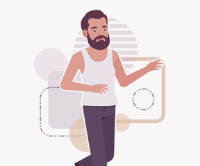 Middle aged man in home casual relaxed wear walk pose. Bearded guy sleeveless wifebeater undershirt, comfy lounge pajama jogger pants, vector flat style cartoon illustration, creative background
