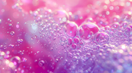 Multicolored balloons made of soap and bath bubbles in pink and purple tones.