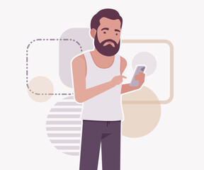Middle aged man in home casual wear phone text pose. Bearded guy sleeveless white wifebeater undershirt, comfy lounge pajama jogger pants, vector flat style cartoon illustration, creative background
