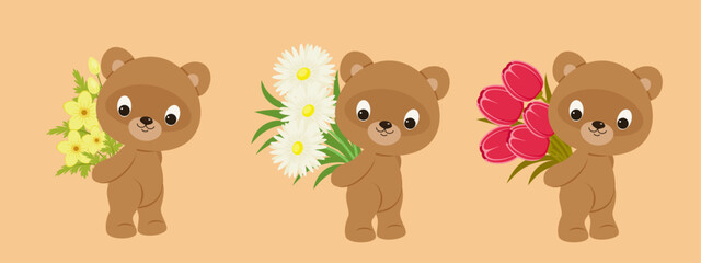 Cute cartoon bears with flowers illustration, teddy bear characters holding spring bouquets, nursery art, kids illustration, kawaii animal design
