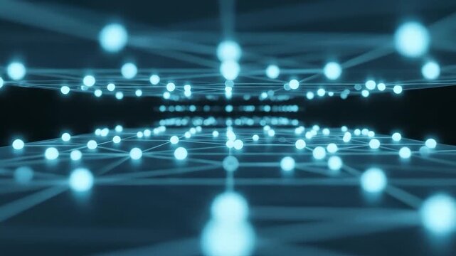 Endless glowing nodes on network grid, internet and blockchain connection