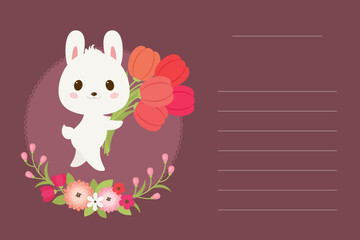 Cute bunny floral greeting card illustration with white rabbit holding tulips, decorative flower frame, cartoon animal design for spring greeting cards
