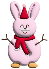 Cute inflated 3D illustration of pink bunny as snowman for Christmas model, festive winter season, sticker, animal, zoo, souvenir shop, cartoon character, standee, patch, card, brooch, mascot, pin