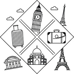 Vector illustration set of architecture and travel landmark silhouettes like Eiffel Tower, Big Ben, and temples across the world