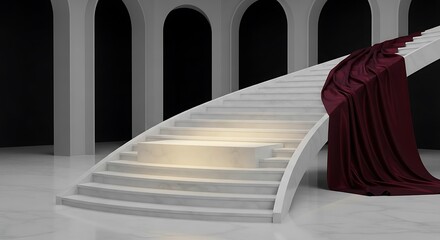 Grand staircase with white marble steps and burgundy draped fabric stairs luxurious