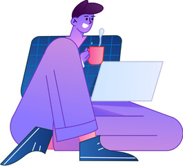 Vector flat gradient illustration of a person working on a computer while working remotely.
