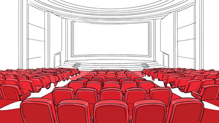 Modern Cinema Auditorium Red Seats White Screen Vector Illustration