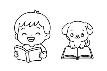 Cute boy and puppy coloring page with child and dog reading books, simple cartoon line art illustration for kids activities and printable pages