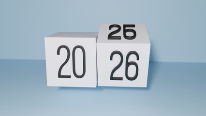 3d visualization of year changing from 2025 to 2026, new year greeting card, year calendar
