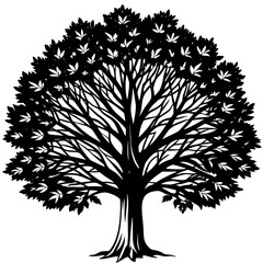 A black and white vector tree silhouette featuring a detailed trunk and root system with stylized leaf patterns to create a seasonal nature symbol for forest art and design