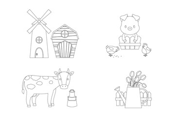 Farm animals coloring page with cow pig chickens windmill and barn, simple countryside cartoon line art illustration for kids activities and printable pages