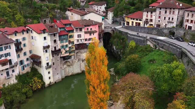 aerial view of Pont-en-Royans, a charming historic French village in Vercors Regional Nature Park, Rhone Alps, France, tourism in France