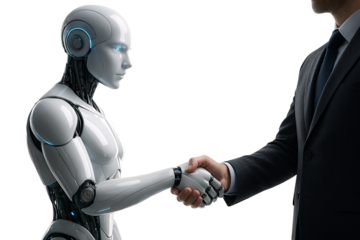Futuristic humanoid robot shaking hands with businessman isolated on transparent background. Concept of AI partnership, business cooperation, and human-machine collaboration.