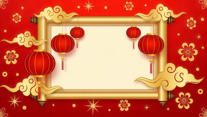 Chinese new year red lanterns and golden frame on red background with festive decorations