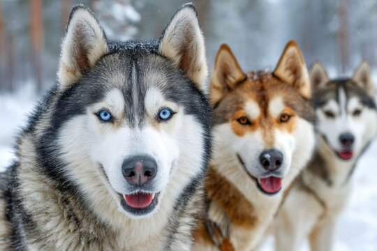 Siberian husky pack standing in winter snow forest