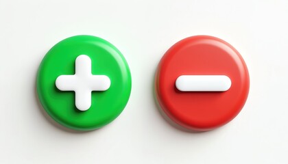 Fototapeta premium Green button with white plus symbol and red button with white minus symbol on white surface. Simple icons represent choice, options, or mathematical operations. Clear contrast for digital interface.