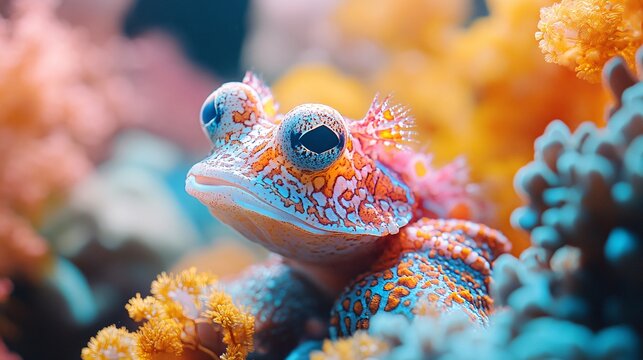 A frogfish camouflaged among coral, showcasing detailed textures. The orange and blue creature blends seamlessly with its vibrant environment, creating a captivating underwater scene.