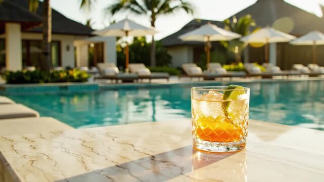 A refreshing cocktail by the luxurious poolside resort on a sunny day