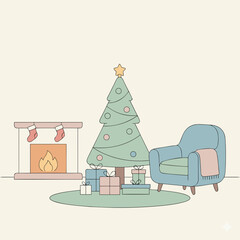 Minimalist Christmas Living Room Interior with Tree and Fireplace
