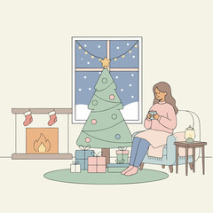 Cozy Christmas Evening with Woman Relaxing Near Fireplace and Tree